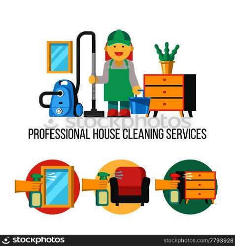 Cleaning service. Vector emblem. Cleaning icon set. The maid with a vacuum cleaner and a bucket. Professional house cleaning.