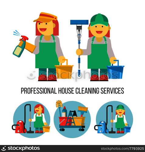 Cleaning service. Vector illustration. Two professional cleaners in overalls. With a bucket, MOP and spray bottle in hand. Cleaning icons set. The cleaning lady with the vacuum cleaner.