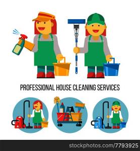 Cleaning service. Vector illustration. Two professional cleaners in overalls. With a bucket, MOP and spray bottle in hand. Cleaning icons set. The cleaning lady with the vacuum cleaner.