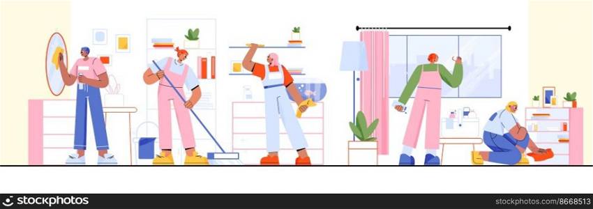 Cleaning service workers cleanup home or office interior. Janitors team in uniform work with tools, maids washing dirty room. Professional company employees with tools, Linear vector illustration. Cleaning service workers cleanup home or office
