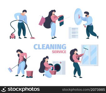 Cleaning service. Workers doing professional cleaning with equipment vacuum washing cleaner garish vector characters. Professional washing and cleaning equipment illustration. Cleaning service. Workers doing professional cleaning with equipment vacuum washing cleaner garish vector characters