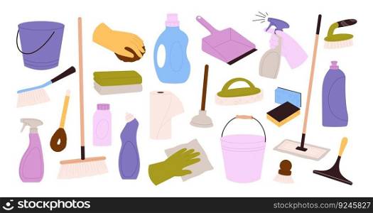 Cleaning set, supplies and dustpan broom. Equipment object for clean, household tools. Housework cloth, mop and bucket, cartoon racy vector clipart equipment broom and dustpan illustration. Cleaning set, supplies and dustpan broom. Equipment object for clean, household tools. Housework cloth, mop and bucket, cartoon racy vector clipart