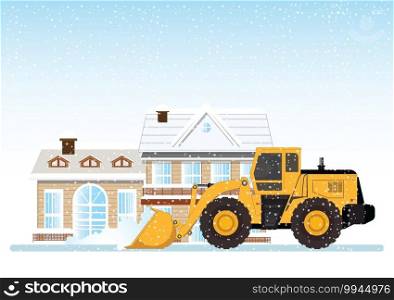 Cleaning snow on the streets with Snow plow truck cleaning snow removal, vector illustration.