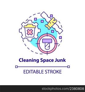 Cleaning space junk concept icon. Removing trash. Space technology abstract idea thin line illustration. Isolated outline drawing. Editable stroke. Arial, Myriad Pro-Bold fonts used. Cleaning space junk concept icon