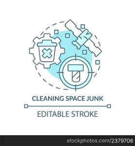 Cleaning space junk turquoise concept icon. Removing trash. Space technology abstract idea thin line illustration. Isolated outline drawing. Editable stroke. Arial, Myriad Pro-Bold fonts used. Cleaning space junk turquoise concept icon