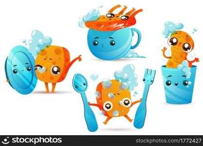 Cleaning sponge with dishes, cute cartoon mascot with funny face and foam bubbles isolated on white background. Sanitary tool and crockery, plate, cup, fork and spoon, Vector illustration, icons set. Cleaning sponge with dishes, cute cartoon mascot