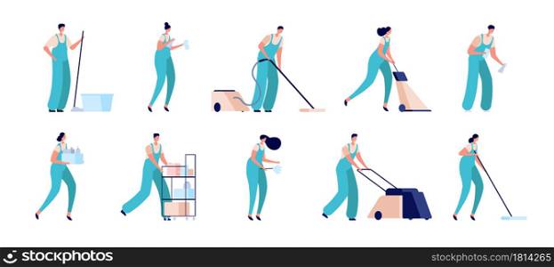 Cleaning staff. Cleaners characters, commercial house maid service. Isolated professional workers with vacuum wipe bucket utter vector set. Illustration professional cleaner, domestic service. Cleaning staff. Cleaners characters, commercial house maid service. Isolated professional workers with vacuum wipe bucket utter vector set