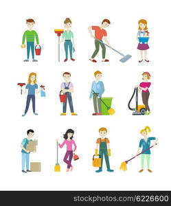 Cleaning staff man and woman character. Workers cleaning service. Woman vacuuming, floor washing and sweeping. Man wipes dust and takes out the garbage. People of set work. Vector illustration