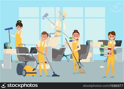 Cleaning staff team in office vector illustration. Housekeeping team, office wash and clean. Cleaning staff team in office vector illustration