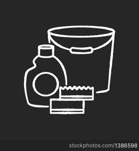 Cleaning supplies chalk white icon on black background. Detergent for sanitation. Disinfectant in bottle. Bucket for washing. Chemical agent for housework. Isolated vector chalkboard illustration. Cleaning supplies chalk white icon on black background