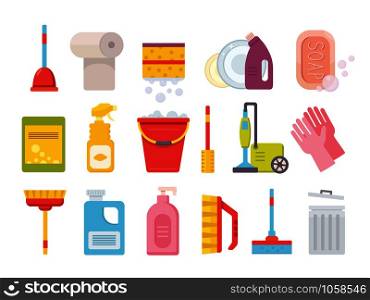 Cleaning supplies. Home clean tools. Brush, bucket window wipes and chemicals tool. Broom, antiseptic wipes and rubber gloves washing detergents vector isolated icons set. Cleaning supplies. Home clean tools. Brush, bucket window wipes and chemicals tool vector isolated set