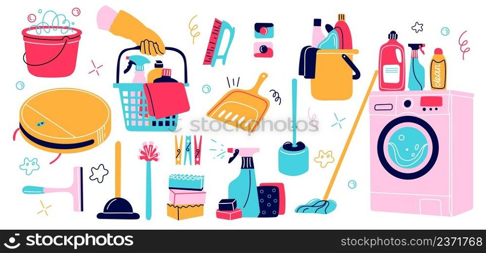 Cleaning supplies icons. Housekeeping objects, washing brushes, buckets, household appliances, robotic vacuum cleaner, washing machine. Detergent chemicals and sponges vector cartoon flat isolated set. Cleaning supplies icons. Housekeeping objects, washing brushes, buckets, household appliances, robotic vacuum cleaner, washing machine. Detergent chemicals and sponges vector cartoon flat set
