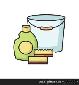 Cleaning supplies RGB color icon. Detergent for sanitation. Disinfectant in bottle. Bucket for washing. Chemical agent for housework. Household domestic equipment. Isolated vector illustration. Cleaning supplies RGB color icon