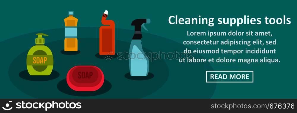 Cleaning supplies tools banner horizontal concept. Flat illustration of cleaning supplies tools banner horizontal vector concept for web. Cleaning supplies tools banner horizontal concept