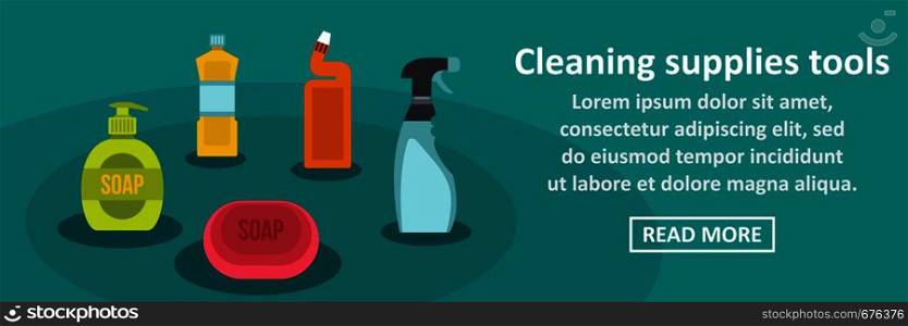 Cleaning supplies tools banner horizontal concept. Flat illustration of cleaning supplies tools banner horizontal vector concept for web. Cleaning supplies tools banner horizontal concept