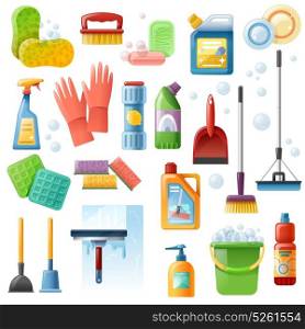 Cleaning Supplies Tools Flat Icons Set. Cleaning products supply flat icons collection with bucket plunger window squeegee and floor mop isolated vector illustration
