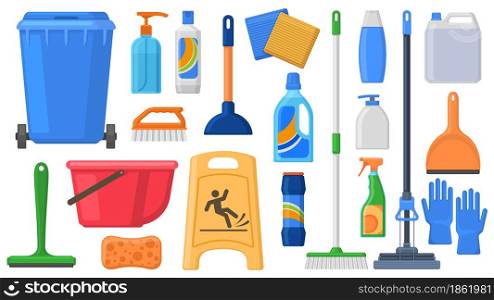 Cleaning supplies, tools, household chemicals and cleaning solutions. Household detergents, trash can, mop, gloves and bucket vector Illustration set. House cleaning supplies of household equipment. Cleaning supplies, tools, household chemicals and cleaning solutions. Household detergents, trash can, mop, gloves and bucket vector Illustration set. House cleaning supplies