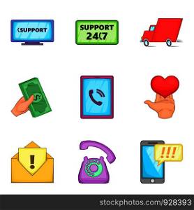 Cleaning support call center icon set. Cartoon set of 9 cleaning support call center vector icons for web design isolated on white background. Cleaning support call center icon set, cartoon style