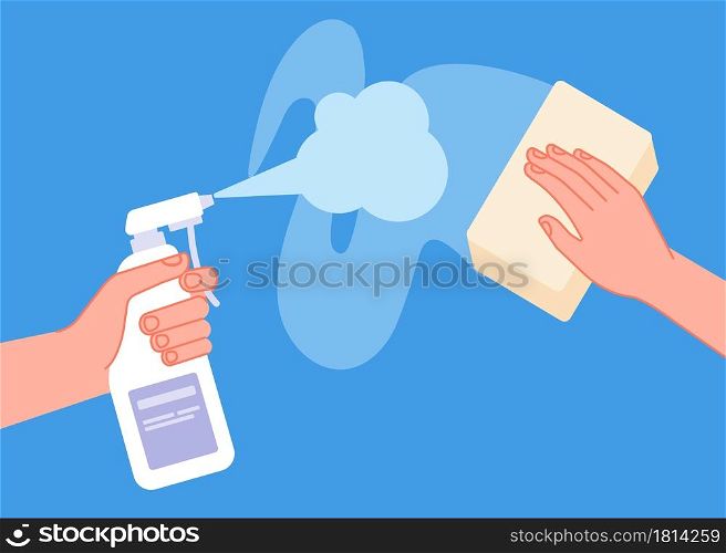 Cleaning surface. Clean table, wipe sanitise or disinfect desk. Hand holding spray, utter antibacterial hygiene service vector illustration. Disinfect and sanitize by cloth, sanitary and disinfection. Cleaning surface. Clean table, wipe sanitise or disinfect desk. Hand holding spray, utter antibacterial hygiene service vector illustration