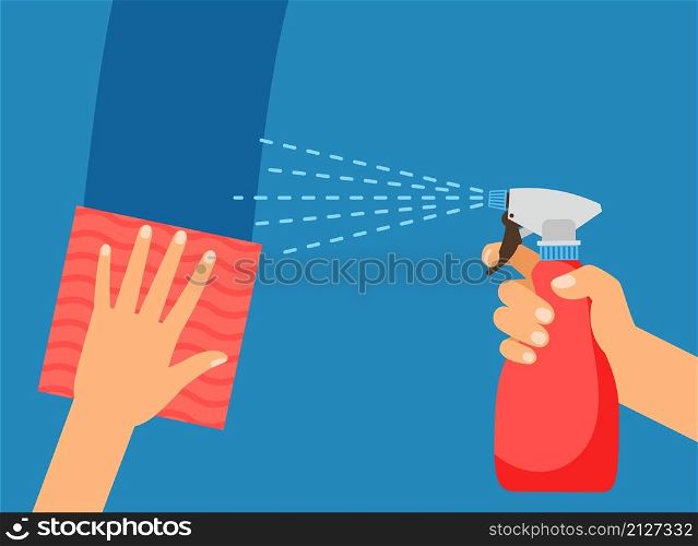 Cleaning surface. Washing, hand holding wipe and spray bottle. Protection service vector illustration. Cleaning surface illustration