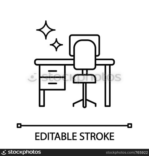 Cleaning table desk linear icon. Thin line illustration. Keeping workplace clean. Tidy home or office desk. Contour symbol. Vector isolated outline drawing. Editable stroke. Cleaning table desk linear icon
