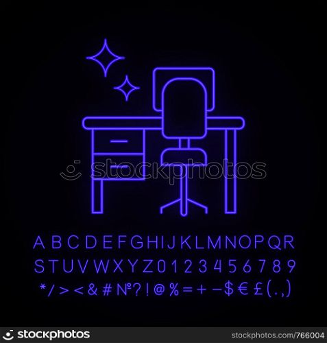 Cleaning table desk neon light icon. Keeping workplace clean. Tidy home or office desk. Glowing sign with alphabet, numbers and symbols. Vector isolated illustration. Cleaning table desk neon light icon