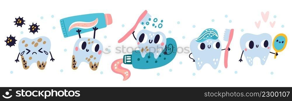 Cleaning teeth steps. Cartoon cute tooth character washes. Oral care kids educational banner. Toothpaste and toothbrush. Dental hygiene. Dirty crying and clean happy molars. Vector stomatology concept. Cleaning teeth steps. Cartoon tooth character washes. Oral care educational banner. Toothpaste and toothbrush. Dental hygiene. Dirty crying and clean happy molars. Vector stomatology concept