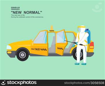 Cleaning the taxi to kill the virus. Exterior and interior of the car to prevent the outbreak from covid19. in the taxi. to maintain physical distance. New normal (New way of life).
