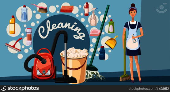 Cleaning tools banner horizontal concept. Cartoon illustration of cleaning tools banner horizontal vector concept for web. Cleaning tools banner horizontal, cartoon style