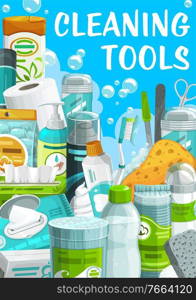 Cleaning tools, hygiene and body care products wipes package, liquid soap and toilet paper, shaving foam, clippers and toothpaste. Antiperspirant, pumice or cotton pads, sponge, sh&oo cartoon poster. Cleaning tools, hygiene and body care products