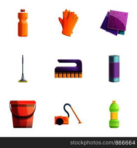 Cleaning tools icon set. Cartoon set of 9 cleaning tools vector icons for web design isolated on white background. Cleaning tools icon set, cartoon style