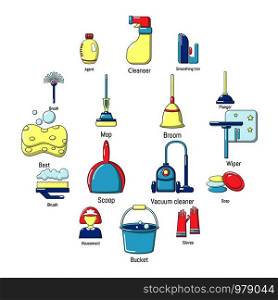 Cleaning tools icons set. Cartoon illustration of 16 cleaning tools vector icons for web. Cleaning tools icons set, cartoon style