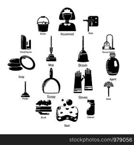 Cleaning tools icons set. Simple illustration of 16 cleaning tools vector icons for web. Cleaning tools icons set, simple style