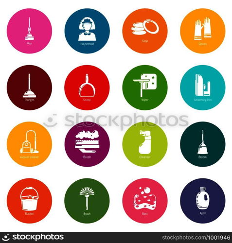 Cleaning tools icons set vector colorful circles isolated on white background . Cleaning tools icons set colorful circles vector
