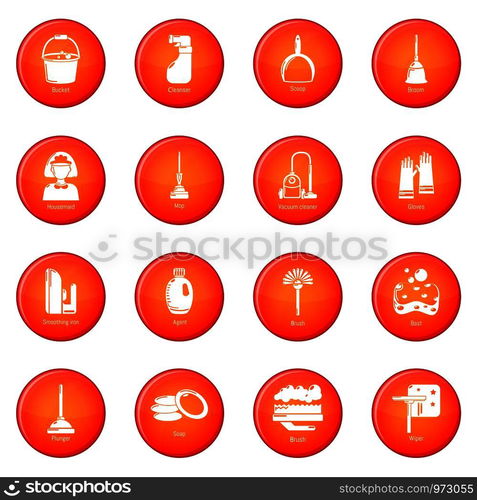 Cleaning tools icons set vector red circle isolated on white background . Cleaning tools icons set red vector