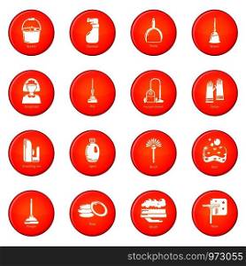 Cleaning tools icons set vector red circle isolated on white background . Cleaning tools icons set red vector