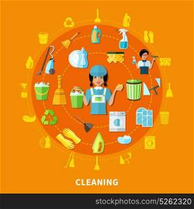 Cleaning Tools Round Composition. Composition with isolated decorative icons of cleaning tools equipment and housegirl character inscribed in circle shape vector illustration