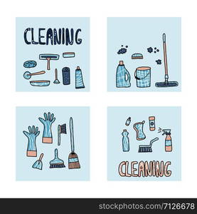 Cleaning tools. Vector set of cleaning equipment. Collection of housekeeping symbols in flat style. Color illustration.