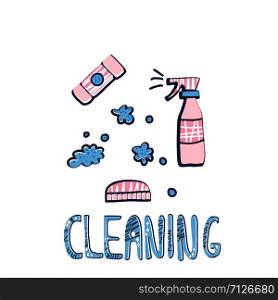 Cleaning tools. Vector set of cleaning equipment. Collection of housekeeping symbols in flat style. Color illustration.