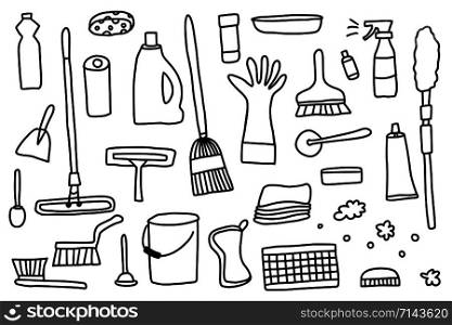 Cleaning tools. Vector set of cleaning equipment isolated on white background. Collection of housekeeping symbols in doodle style. Black and white designillustration.