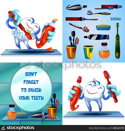 Cleaning toothbrush banner set. Cartoon illustration of cleaning toothbrush vector banner set for web design. Cleaning toothbrush banner set, cartoon style