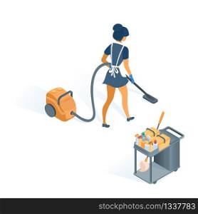 Cleaning Trolley and Maid in Uniform with Apron Vacuuming Vector Isometric Illustration. Woman Cleaner Professional Staff with Janitor Cart Cleaning Supplies for Hotel House Office Cleaning Service. Cleaning Trolley and Maid in Uniform with Apron