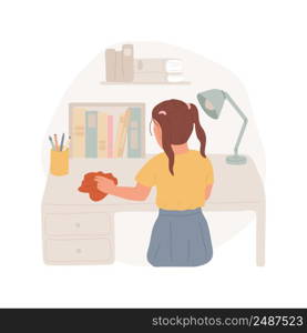 Cleaning up the desk isolated cartoon vector illustration. Family routine, kid cleaning up working table, keeping study desk organized, tidy bedroom, middle school child vector cartoon.. Cleaning up the desk isolated cartoon vector illustration.
