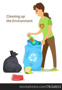 Cleaning up the environment, woman collecting garbage into sack, apple core and empty can, bags with litter. Volunteer in uniform clean nature isolated person. Vector illustration in flat cartoon style. Cleaning up the Environment, Woman Collect Garbage