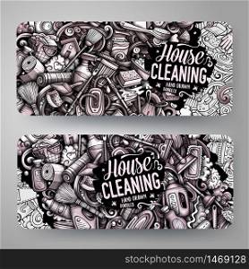 Cleaning vector hand drawn doodle banners design. Monochrome cartoon background. Housekeeping 2 flyers templates set.. Cleaning vector hand drawn doodle banners design.