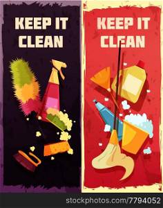 Cleaning vertical banners with tools and accessories for washing floor windows and domestic items vector illustration. Cleaning Vertical Banners