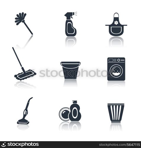 Cleaning washing housework black icons set of mop vacuum cleaner bucket isolated vector illustration