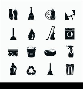 Cleaning washing housework icons set of mop vacuum cleaner bucket sponge isolated vector illustration