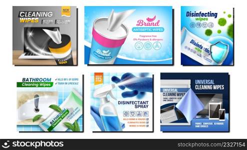 Cleaning Wipes Creative Promo Posters Set Vector. Cleaning Wipes Blank Package, Container And Spray Advertising Banners. Disinfection Napkin For Wash And Clean Style Concept Template Illustrations. Cleaning Wipes Creative Promo Posters Set Vector