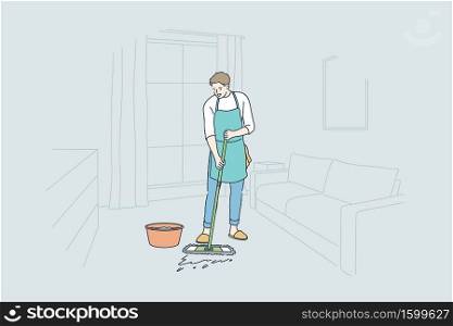 Cleaning, work, occupation, home concept. Happy young man guy cartoon character household wears apron washing floor with mopping stick and bucket in living room apartment. Domestic chore illustration.. Cleaning, work, occupation, home concept